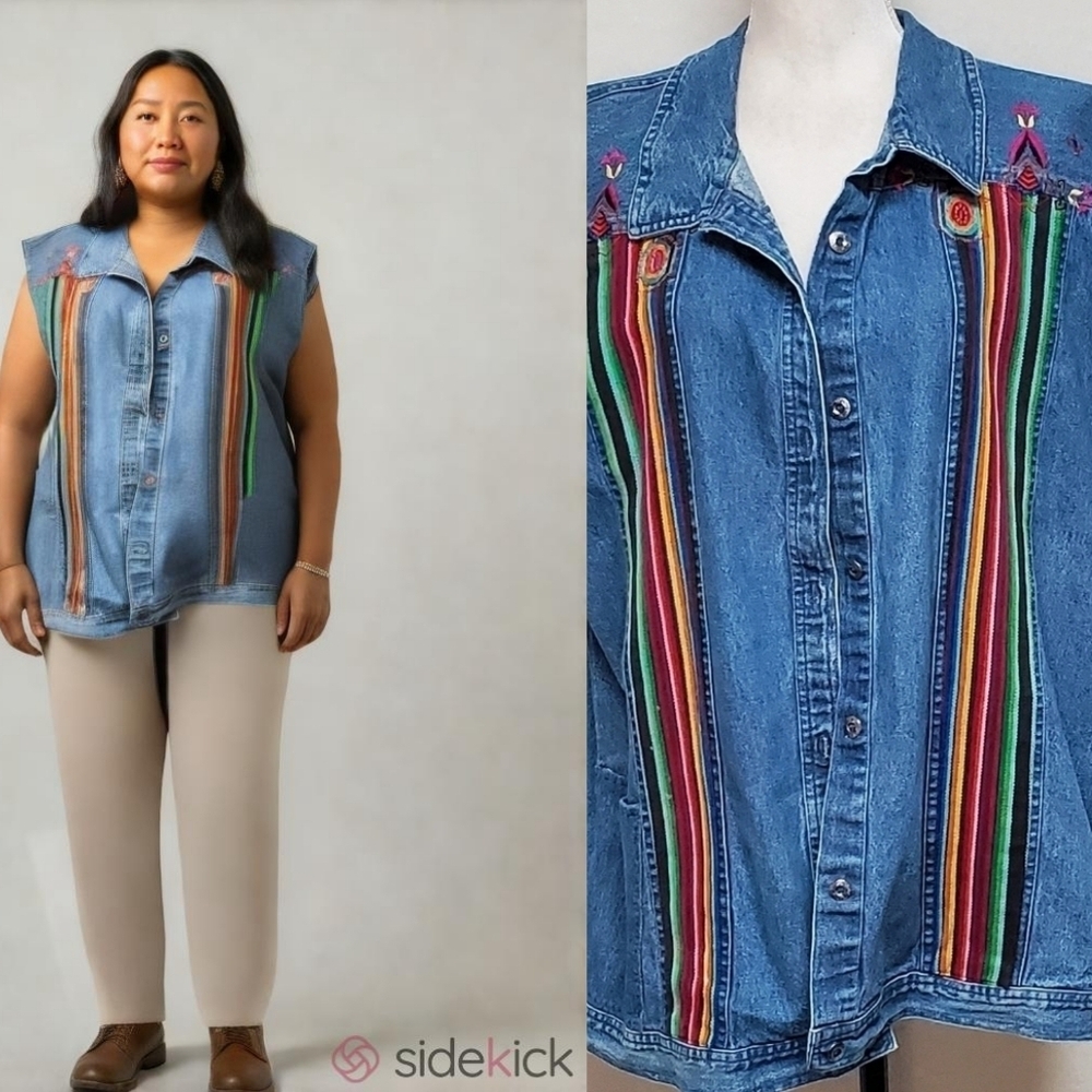 Vintage Boho Rainbow Striped Knit Tribal Embroidered Raw Cut Denim Vest 3X